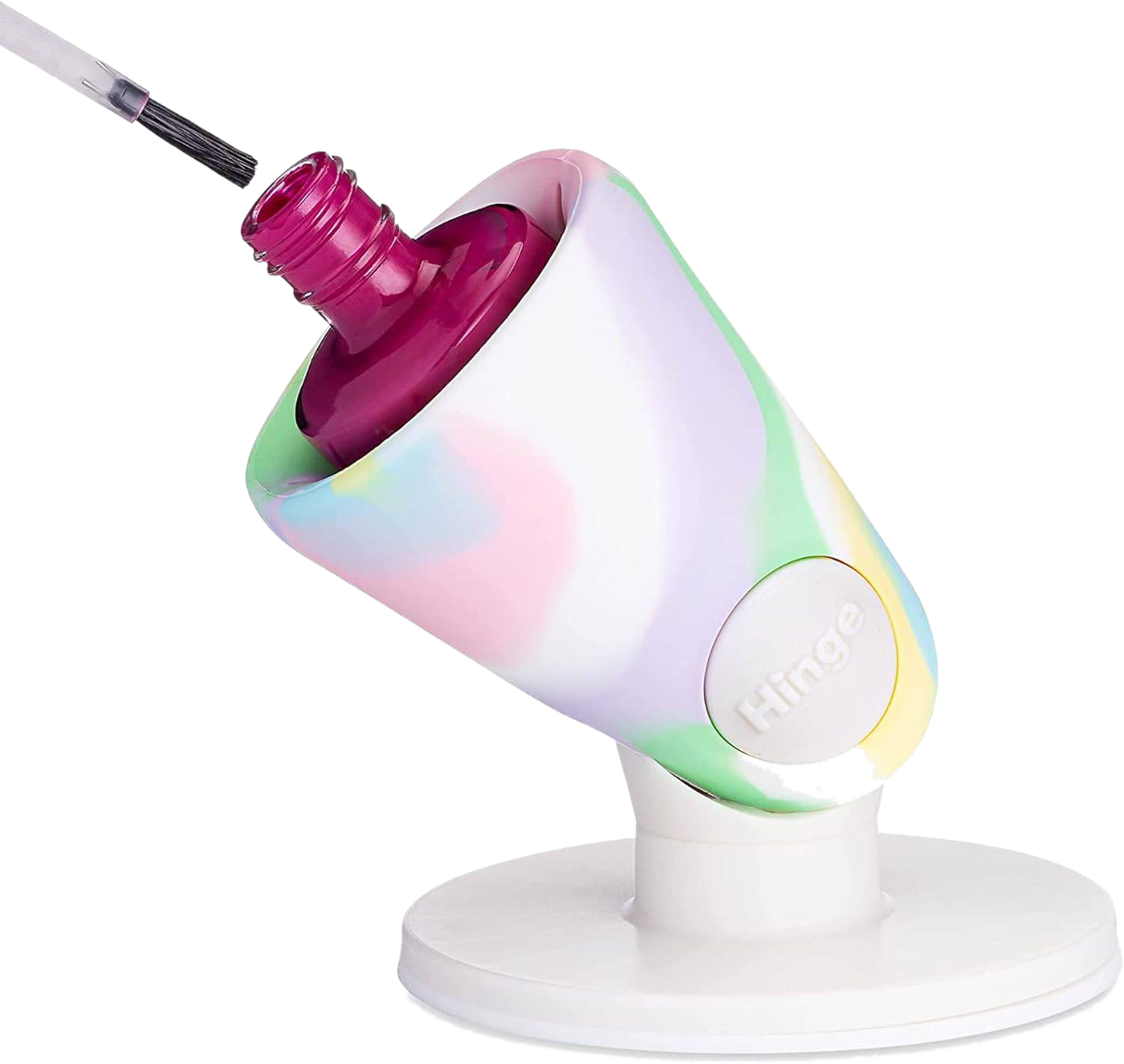 tweexy Hinge in Unicorn swirl holding a magenta polish bottle at an angle