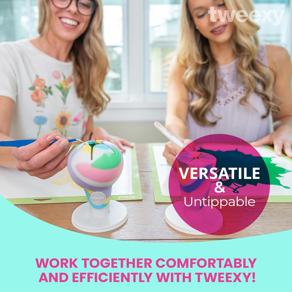 Two crafters weeding vinyl with a tweexy Hinge scrap collector on the table